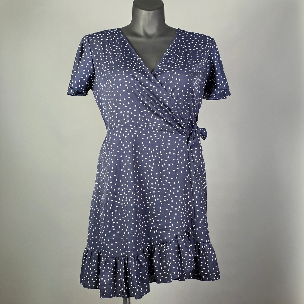 Relipop Navy Blue‎ Polka Dot Wrap Mini Dress Ruffle Hem V-Neck Short Sleeve L